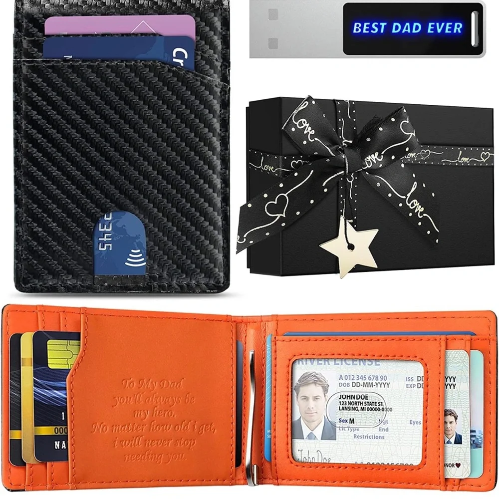 Men’s Bifold Minimalist Wallet 11 Card Capacity with bonus USB Thumb Drive